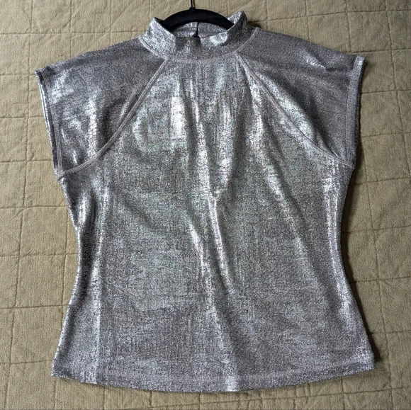 Anthropologie Pilcro Cap-Sleeve Mock-Neck Metallic Top - Picture 1 of 4